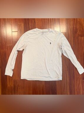 Polo by Ralph Lauren White Long Sleeve Crewneck Tee with Navy Logo Boys L